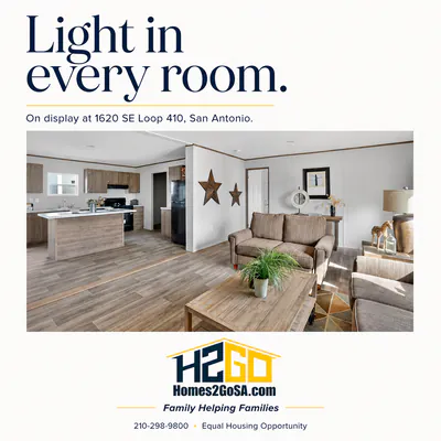 Square ad: “Light in every room. On display at 1620 SE Loop 410, San Antonio.” over a photo of the living room.