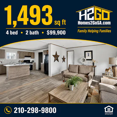 Square ad: “1,493 sq ft, 4 bed, 2 bath, $99,900” over a photo of the living room.
